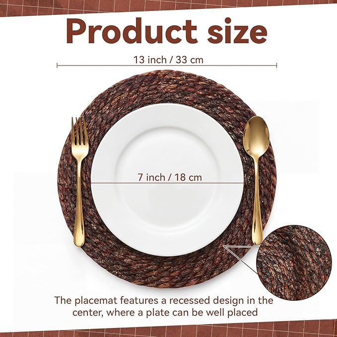LemonRoad 13 Inch Boho Placemats Set of 6 Large Round Farmhouse Chargers Plate Mats Cattail Weave Woven Table Mats for Dining Plates Rustic Home Kitchen Wedding Party Table Decor, Dark Brown