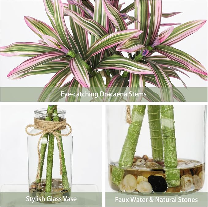 Faux Greenery Stems in Vase Dracaena Aritificial Plant in Glass Vase with Faux Water & Stones 15.7" Small Potted Plants Arrangement Centerpieces for Farmhouse Kitchen Dinner Tables Greenery Decor