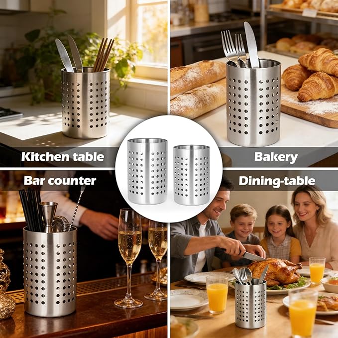 2PCS Stainless Steel Utensil Holder and Utensil Drying Holder, as a Kitchen Countertop Organizer and Silverware Drainer for Daily Home Use