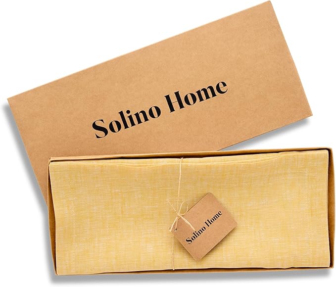 Solino Home Linen Table Runner 156 Inches Long - Athena, 100% Pure Linen Chambray Mustard Yellow Table Runner 14 x 156 Inch for Dining, Spring, Summer