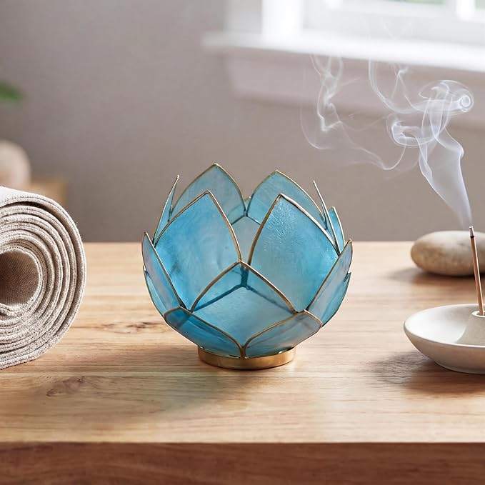 Bowery Hill Handcrafted Capiz Shell Tea Light Holder, Aquamarine Blue, Lotus Flower Design, Translucent Finish, Decorative Candle Holder for Centerpieces, Bathrooms, Meditation Spaces