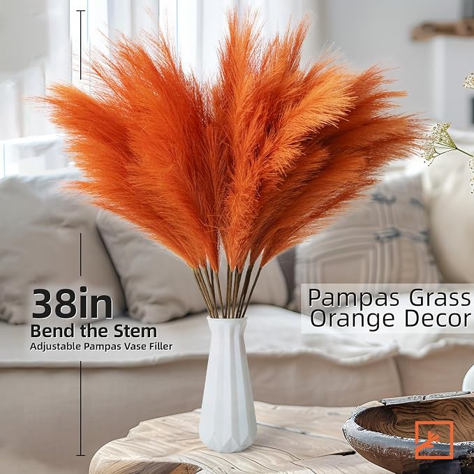ZIFTY Orange Boho Decor 7-Pcs 38"/3.1FT Faux Pampas Grass Large Tall Fluffy Artificial Fake Flower Bulrush Reed Grass for Vase Filler Farmhouse Home Wedding Decorations(Orange)