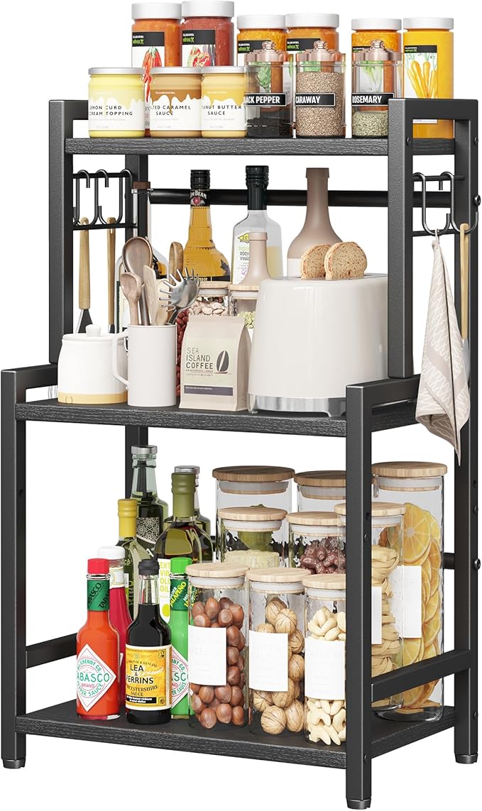 Kitchen Countertop Organizer, 3 Tier Large Spice Rack Organizer with Adjustable Shelf and 5 Hooks, Wooden Counter Organizer, Space Saving Countertop Shelf Microwave Stand for Kitchen,Coffee Bar,Black