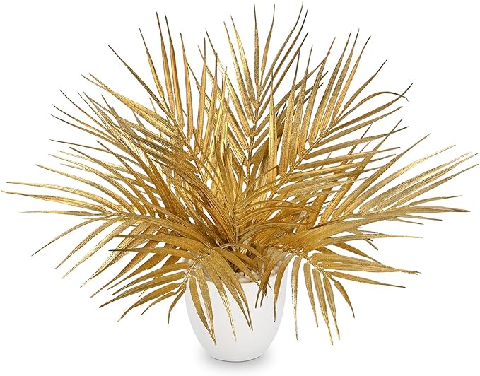 Briful 14.2" Tall Fake Plants Artificial Gold Palm Plant in White Pot – Glitter Faux Palm Leaves Table Centerpiece for Christmas Holiday Decorations, Modern Home Office Desk Decor, Living Room