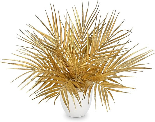 Briful 14.2" Tall Fake Plants Artificial Gold Palm Plant in White Pot – Glitter Faux Palm Leaves Table Centerpiece for Christmas Holiday Decorations, Modern Home Office Desk Decor, Living Room