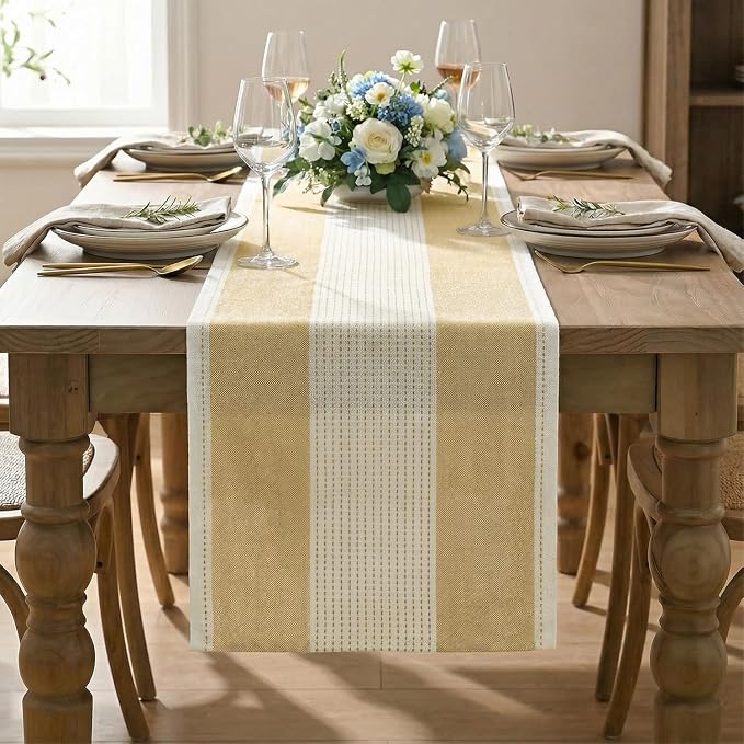 Artoid Mode Light Yellow Farmhouse Rustic Table Runner, Seasonal Macrame Fabric Kitchen Dining Holiday Wedding Table Decor for Home Party 13x120 Inch
