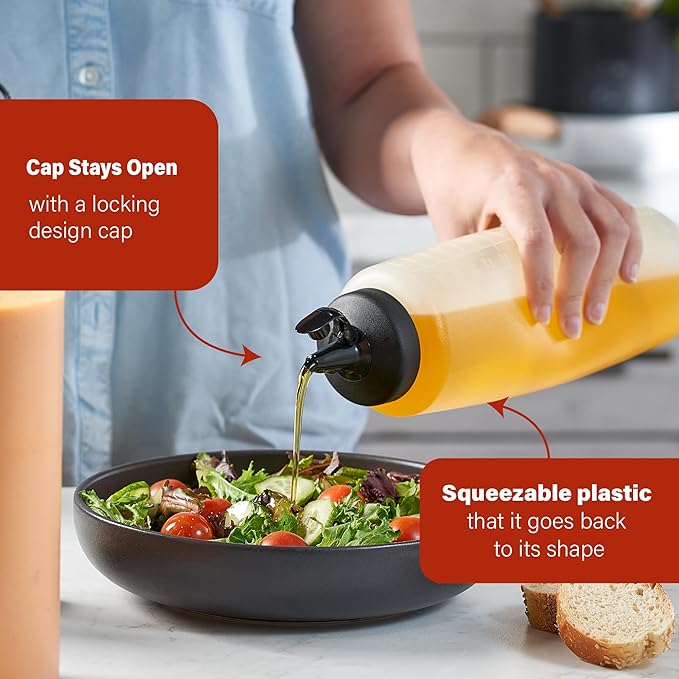 MIGHTY STRONG Condiment Squeeze Bottles - 32 Oz Squirt Bottles for Liquids, Easy Pour Sauce Bottles with Leak Proof Snap Cap