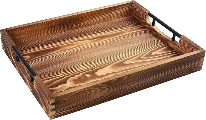 LotFancy Large Ottoman Tray for Living Room, 17x13'' Wood Serving Tray with Handles, Home Décor for Coffee Table, Sofa, 2 Skidproof Coasters Included