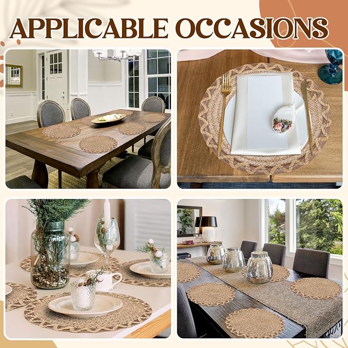 12 Set 15 Inch Round Burlap Placemat Openwork Boho Jute Woven Charger Rustic Vintage Natural Brown Heat Resistant Dining Table Mat for Wedding Farmhouse Craft Home Summer Birthday Party Decor