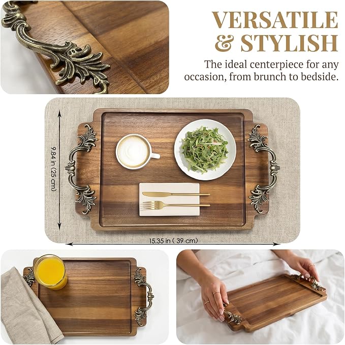 Vintage Coffee Table Decor Wooden Serving Tray, Home Decorative Wood Vanity Tray for Bathroom Kitchen Bedroom