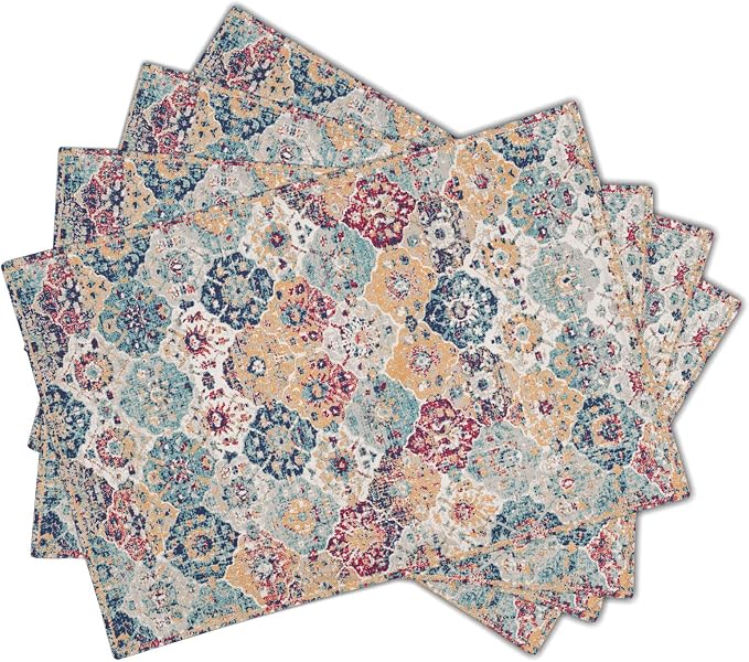 Ethnic Boho Placemats Set of 4 Bohemian Carpet Vintage Rust Coral Floral Carpet Linen Washable Kitchen Dining Table Mats Stain Heat-Resistant Desktop Decor Place Mats 12x18 in