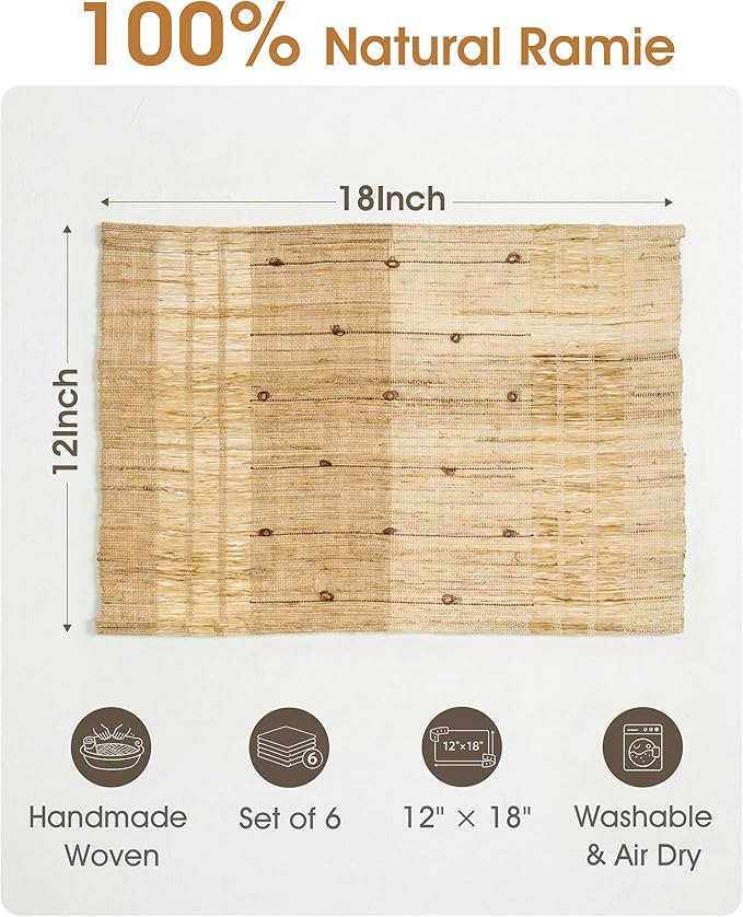 Placemats Set of 6, Ramie Placemats for Dining Table, Natural Woven Place Mats, Heat Resistant Washable Table Mats, Farmhouse Boho Table Decor, Housewarming Gift