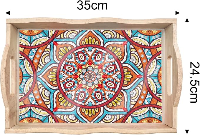 Generic DIY Diamond Serving Tray Rectangular Upgrade Increase Breakfast Tray with Handles Handmade Diamond Art Painting Wooden Tray Dinner Plate for Coffee Living Room Home Organizer-Mandala03
