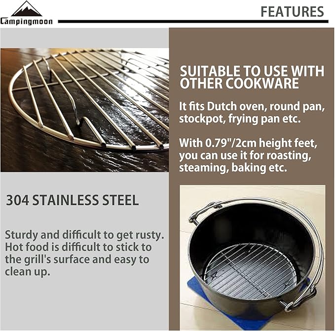 CAMPINGMOON Round Roasting Baking Steaming Cooling Rack Cooking Grid Grill Stainless Steel Fits for Dutch Oven (Diameter φ6.7inch, W17)
