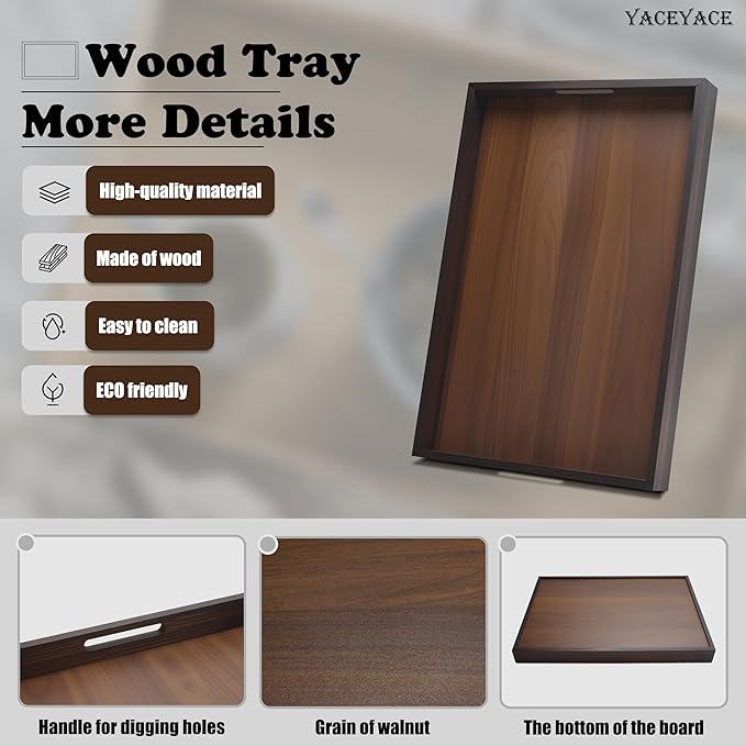 Wood Serving Tray Large, 17"x12"x1.5" Large Serving Tray with Inset Handle for Ottoman, Home Decor, Bathroom, Party, Dining, Coffe Table