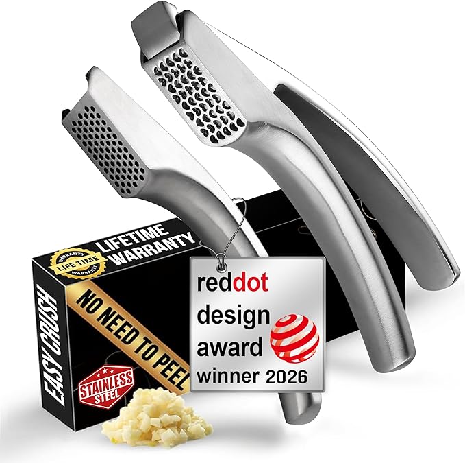 No Peeling Required Garlic Press Stainless Steel with Two Detachable Handles for Coarse & Fine Mincing-Premium Garlic Mincer Tool, Easy to Clean, Dishwasher Safe Garlic Crusher, Lifetime Replacement