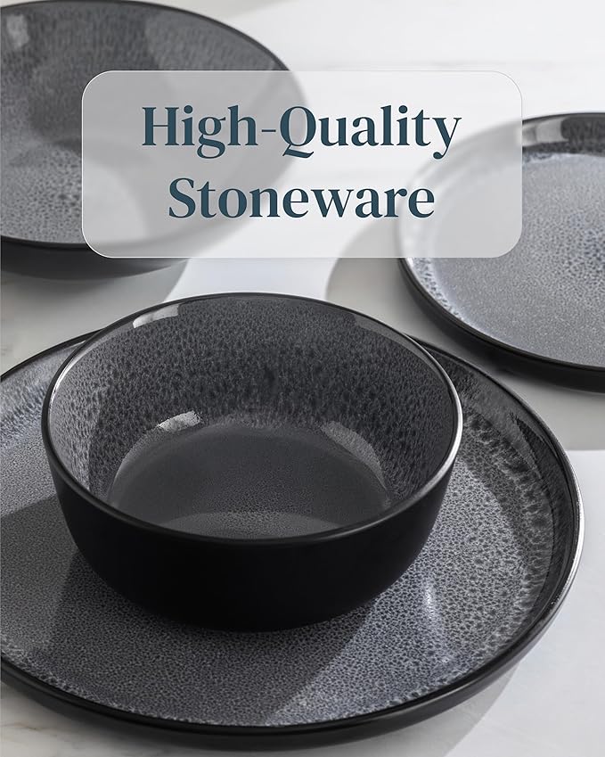PURE LIVING INTERIOR DESIGN Stoneware coffee mugs set 4 pcs – 14.5 oz dark gray ceramic coffee cups – Dishwasher and microwave safe – Stylish modern mug set – Dinner service