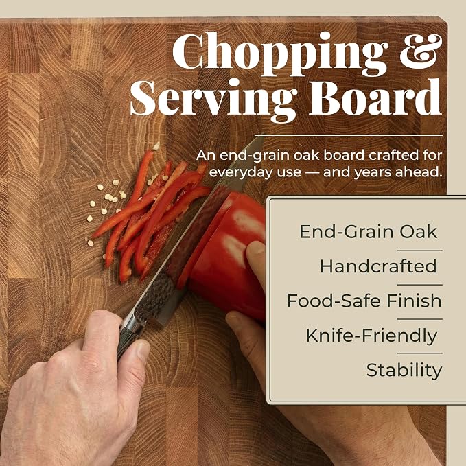 End Grain 16"x12" European Oak Wood Cutting Board, Butcher Block, Wooden Chopping Board with Non-Slip Feet & Handles, Charcuterie Board, Knife-Friendly, Serving Cutting Board for Kitchen