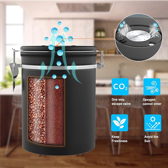 38OZ Coffee Canister for ground coffee with Date Tracker,Mint Green 304 Stainless Steel Kitchen Food Airtight storage container for Coffee Beans or Grounds, Tea, Sugar