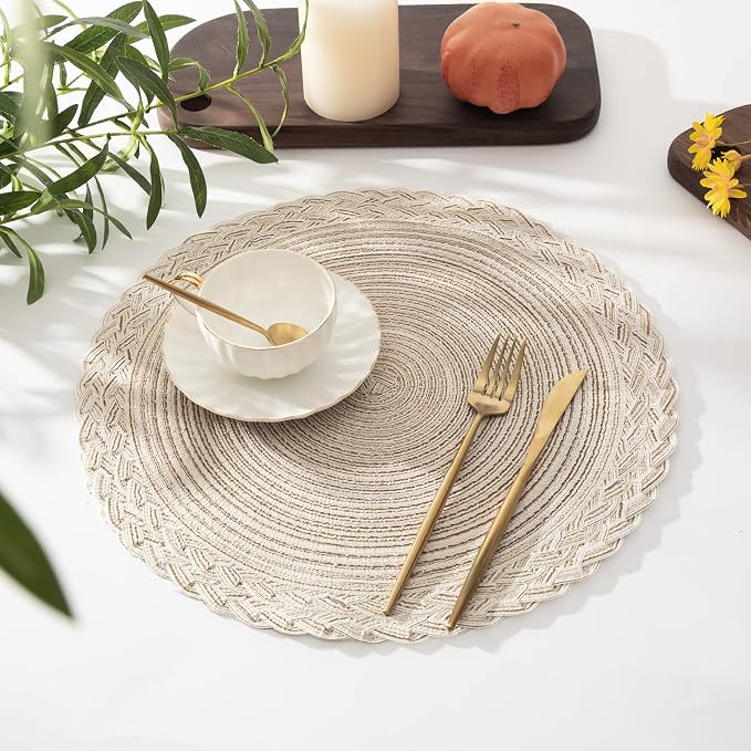 SHACOS Round Placemats Set of 4 Boho Braided Border 15 inch Circle Place Mats Washable Fabric Table Mats for Kitchen Dining Table, Ivory