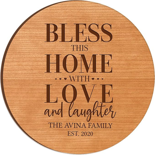 LifeSong Milestones Personalized Cherry Wood Lazy Susan Kitchen Turntable Everyday Design Ideas 12” Engraved Decorative Serving Centerpiece Family (Bless This Home)