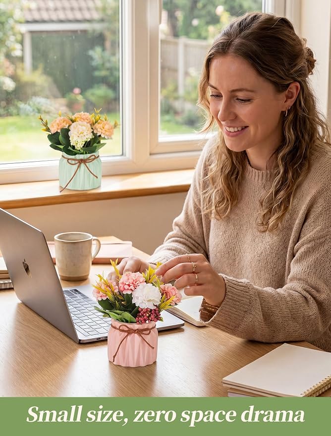 BLOSMON Fake Flowers in Vase for Centerpieces: 4 PCS 5.9 Inch Small Artificial Hydrangea with Vase Table Decor - Faux Floral Arrangements Desk Home Party Bathroom Office Decorations