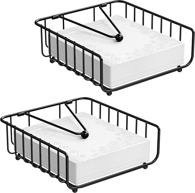 2 Pack Napkin Holder for Table with Weighted Arm, Dinner Metal Flat Napkin Holders for Paper Napkins, Outdoor Napkin Dispenser Restaurant (Black)