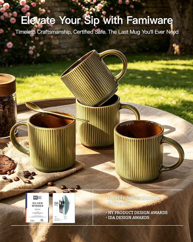 famiware Coffee Mug Set for 6, Star 12 oz Catering Mugs Cup Set with Handle for Coffee, Tea, Cocoa, Milk - Ceramic Stoneware Drinkware Set, Moss Cocoa