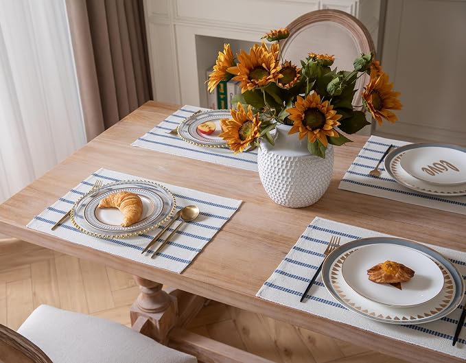 Caflife Boho Farmhouse Placemats Set of 4, Blue Stripes Cotton Linen Woven Table Mats for Modern Dining Table, 13x19 Inch Rustic Kitchen Decor Place Mats