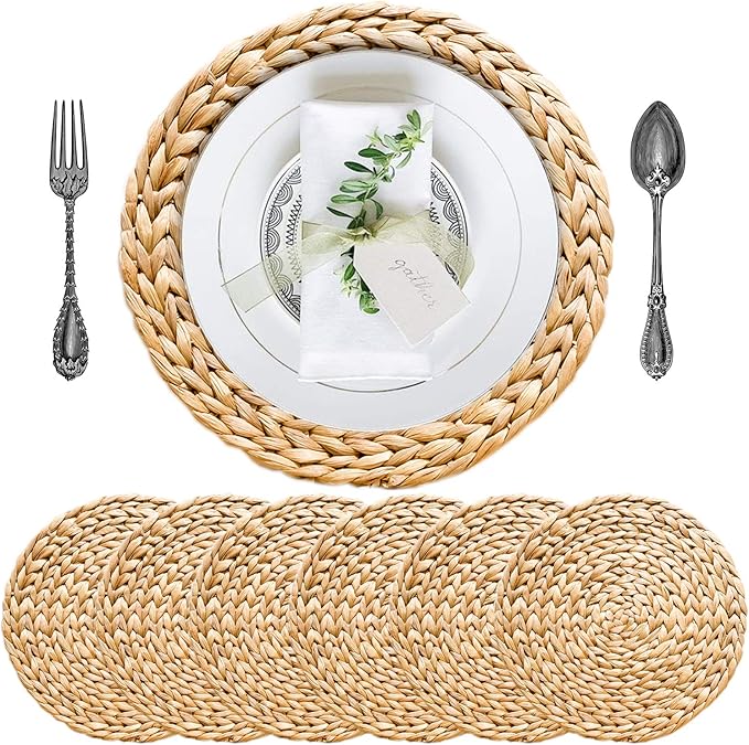 Woven Placemats Set of 6, Table Mats Set of 6, Water Hyacinth Round Placemats for Round Table, Chargers for Dinner Plates, Wicker Chargers for Dinner Plates, Woven Placemat, Place Mats 13.4 in