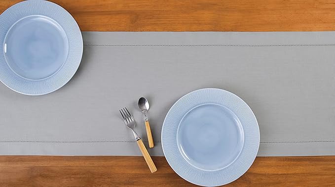 Solino Home Cotton Linen Light Grey Table Runner 72 Inches Long - Hemstitch Table Runner 14 x 72 Inch for Dresser, Dining, Spring, Summer