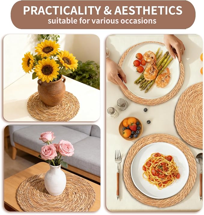 Round Woven Placemats Set of 6, 13 Inch Boho Rattan Placemats, Rattan Chargers for Dinner Plates Natural Farmhouse Rustic Wicker Placemat for Dining Table Decor
