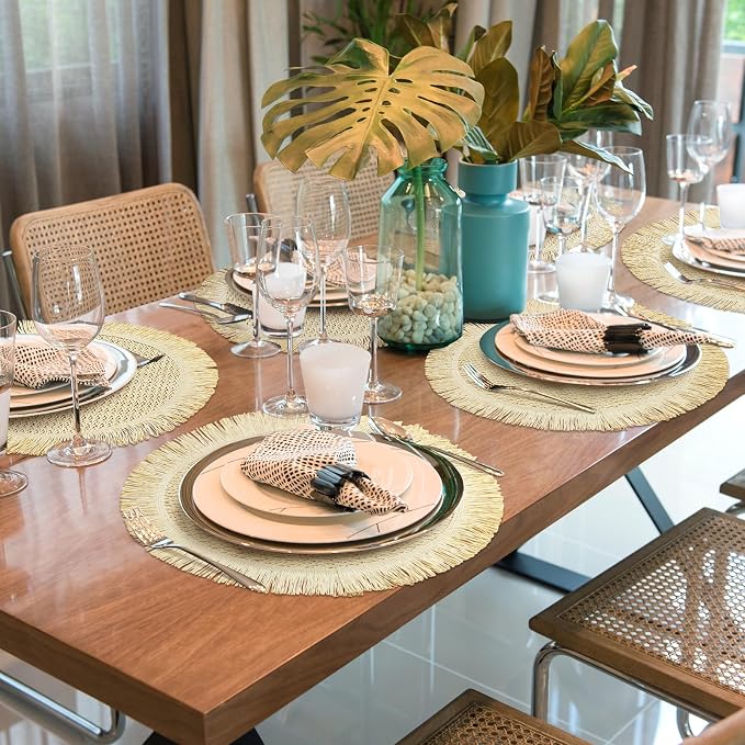 fanquare Boho Round Paper Placemats 15'' Set of 6, Rustic Woven Fade-Safe Tablemats,Braided Placemats for Home, Cafe or Events, Beige