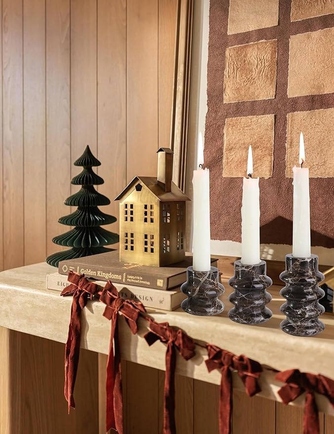 Vixdonos Marble Candle Holder Set of 3 Taper Candle Candlestick Mantle Candle Stand for Home Decor,Wedding,Party and Table Centerpieces(Brown)