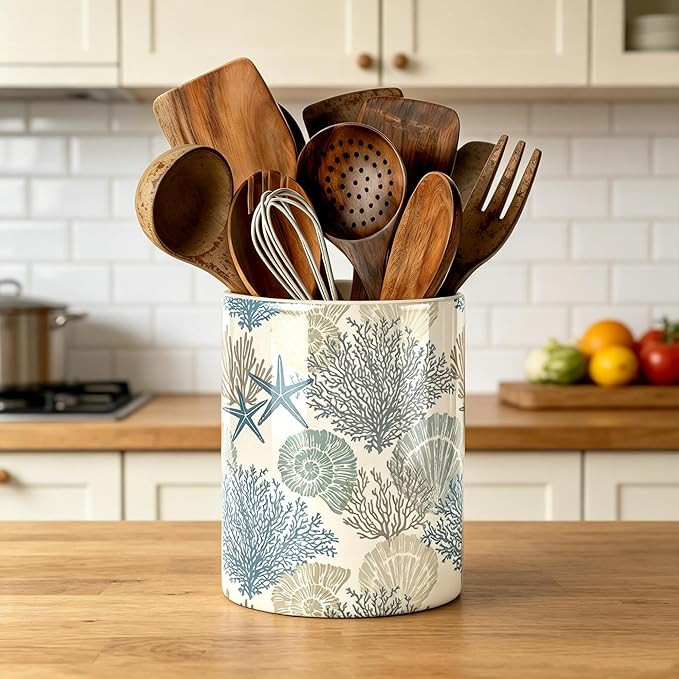 Coastal Utensil Holder, Sea Coastal Ceramic Kitchen Utensil Holder, Utensil Crock for Home Kitchen Countertop Storage Organizer Container, Large Holder for Spatulas, Spoons, Kitchen Counter Decor, 6"