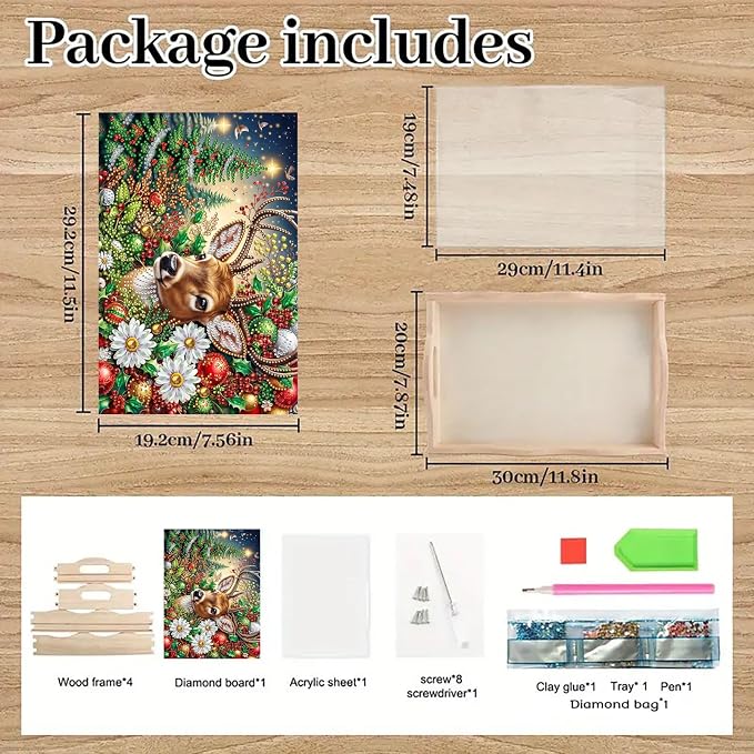 DIY Diamond Serving Tray with Handle Handmade Gem Painting Wooden Rectangular Breakfast Tray for Dinner Plate Coffee Room Living Home Organizer-Christmas Deer