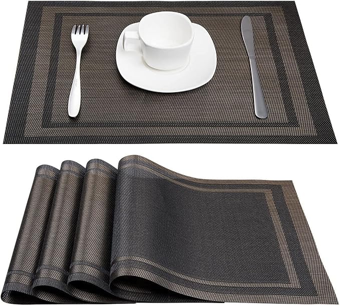 DACHUI Placemats Set of 8, Linen Look Woven Place Mats, Water Resistant, Heat Resistant, Washable, Durable Table Mats (Black Gold)