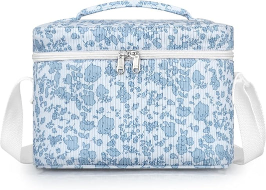 TESAFNG Insulated Lunch Bag for Women, Cute Corduroy Reusable Lunch Box for Adult, Leakproof Cooler Bag for Work Office Travel Picnic, Lunch Tote Bag with Adjustable Shoulder Strap (Blue Flower)