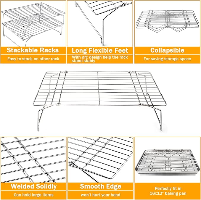 TeamFar Cooling Rack, 4-Tier Stainless Steel Wire Rack for Baking Roasting, Healthy & Heavy Duty, Dishwasher Safe, Stackable & Collapsible, Firmly Weld & Smooth Surface, 15”x10”
