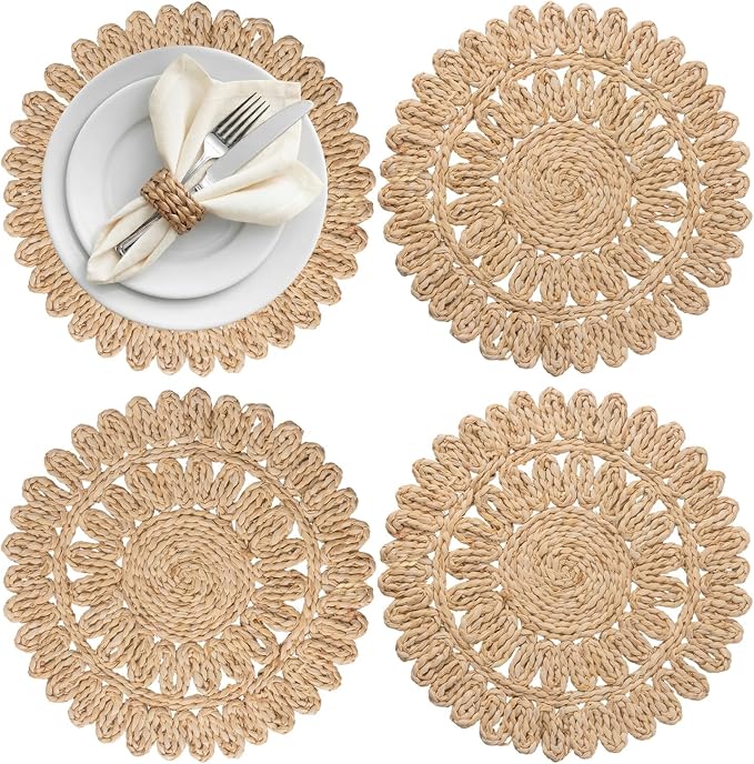 13.8" Set 4 Round Corn Husk Placemats | Boho Woven Rattan Table Mats | Natural Spring Farmhouse Plate Chargers | Handmade Rustic Wicker Place Mats for Christmas Wedding