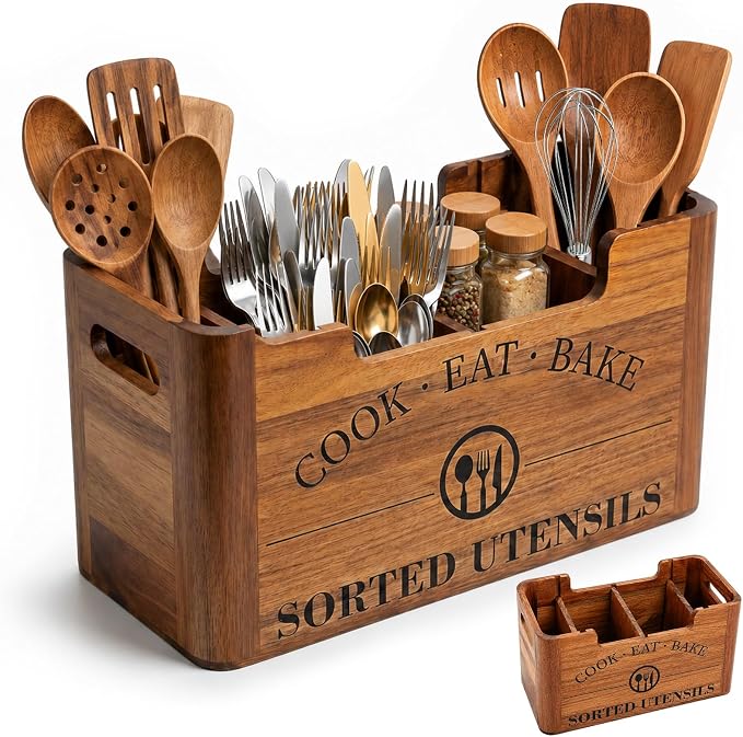 Upgraded Acacia Wood Kitchen Utensil Holder, Large Farmhouse Countertop 4-Compartment Wooden Cooking Utensil Holder for Counter, Island & Dining Room