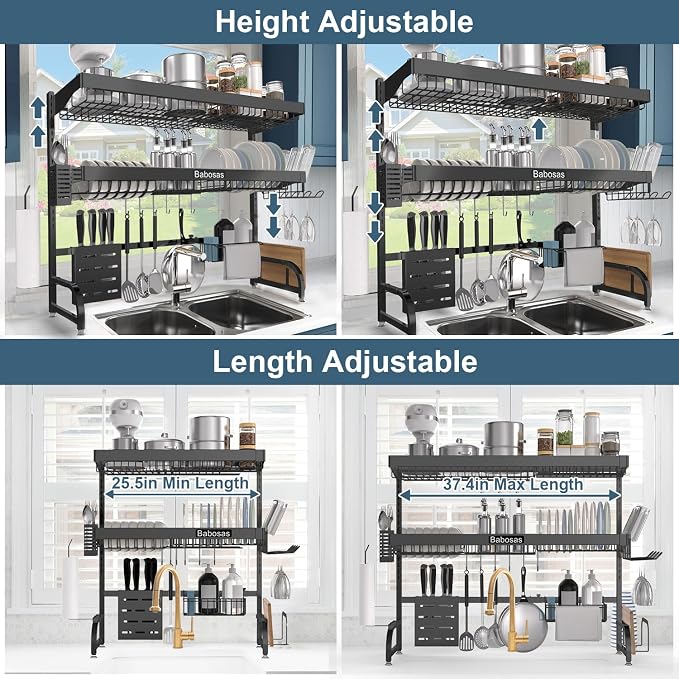 Over The Sink Dish Drying Rack,3 Tier Adjustable Length (25.5'' to 37.4'') Full Stainless Steel Large Storage Kitchen Dish Rack,for Kitchen Counter,Expandable Multifunctional Organizers,Black
