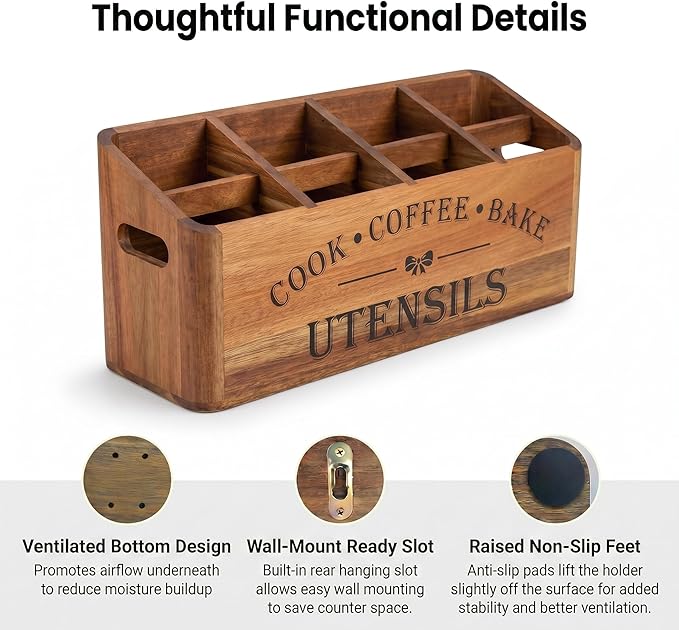 Wooden Kitchen Utensil Holder, Acacia Wood, Extra Large, 4-Compartment, Countertop Organizer, Wall Mount Option, Silverware Storage Caddy, Ventilation Holes & Non-Slip Pads (4 Compartments)