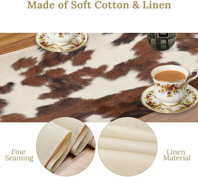 Cow Skin Print Table Runner, Cotton Linen Rustic Cottage Country Farm Animal Fur Skin Pattern Western Style Brown Cowhide Print Dinner Runner for Home Kitchen Dining Table Decoration 13x60 in