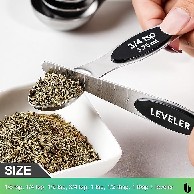 Urbanstrive 8 Pcs Upgraded Magnetic Measuring Spoons Set Stainless Steel Dual Sided for Liquid Dry Food Measuring Cups Spoons Set Fits in Spice Jar Kitchen Gadgets Including Leveler, Silver