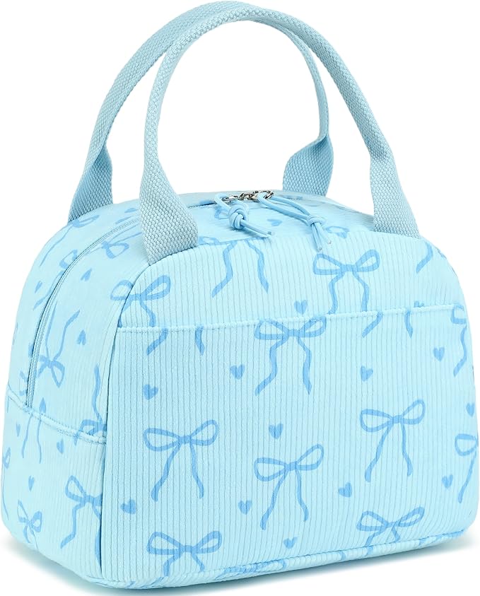 LEDAOU Lunch Box for Women Insulated Lunch Bag Corduroy Lunch Tote Bags Leakproof Cooler Lunch Case for Travel Work Picnic (Bow Tie Blue)