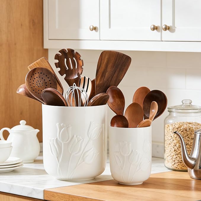 Tulips White Ceramic Utensil Holder Set, Large Kitchen Utensil Crocks – Modern Countertop Organizer for Cooking Utensils, Spatula, Spoons | Practical Kitchen Counter Decor