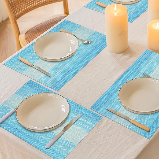 Niviy Placemats, Placemats Set of 4, 12x18 Inch Washable Place Mats Easy to Clean Heat Resistant Table Mats Wipeable Placemat for Holiday Party Kitchen Dining Table Decoration, Blue