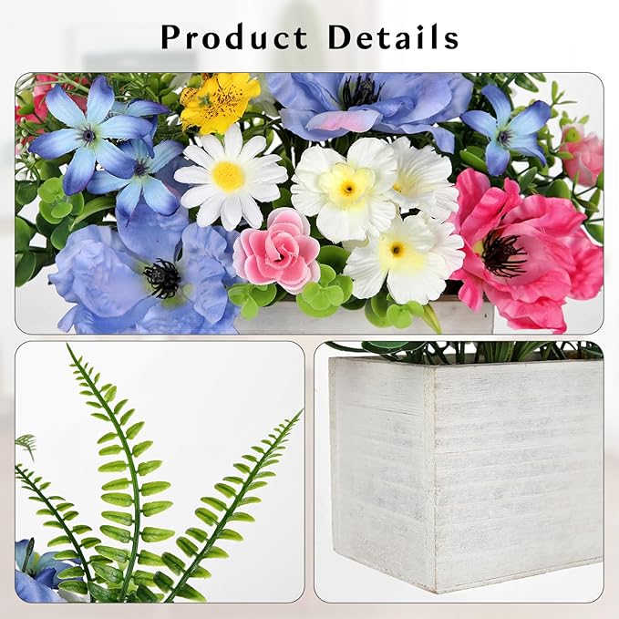 Briful Table Floral Arrangement Centerpiece, Artificial Flowers in Wooden Vase, Silk Flowers for Home Decor Indoor, Spring Summer Flower Farmhouse Table Decor for Dining Table, Coffee Table, Shelf