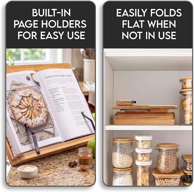 Bamboo Cookbook Stand Large, Adjustable Book Holder Tray and Page Paper Clips - Natural Color Large - 4-Position Recipe Book Stand Holds Thick Books for Kitchen Counter, Reading, Studying - Foldable